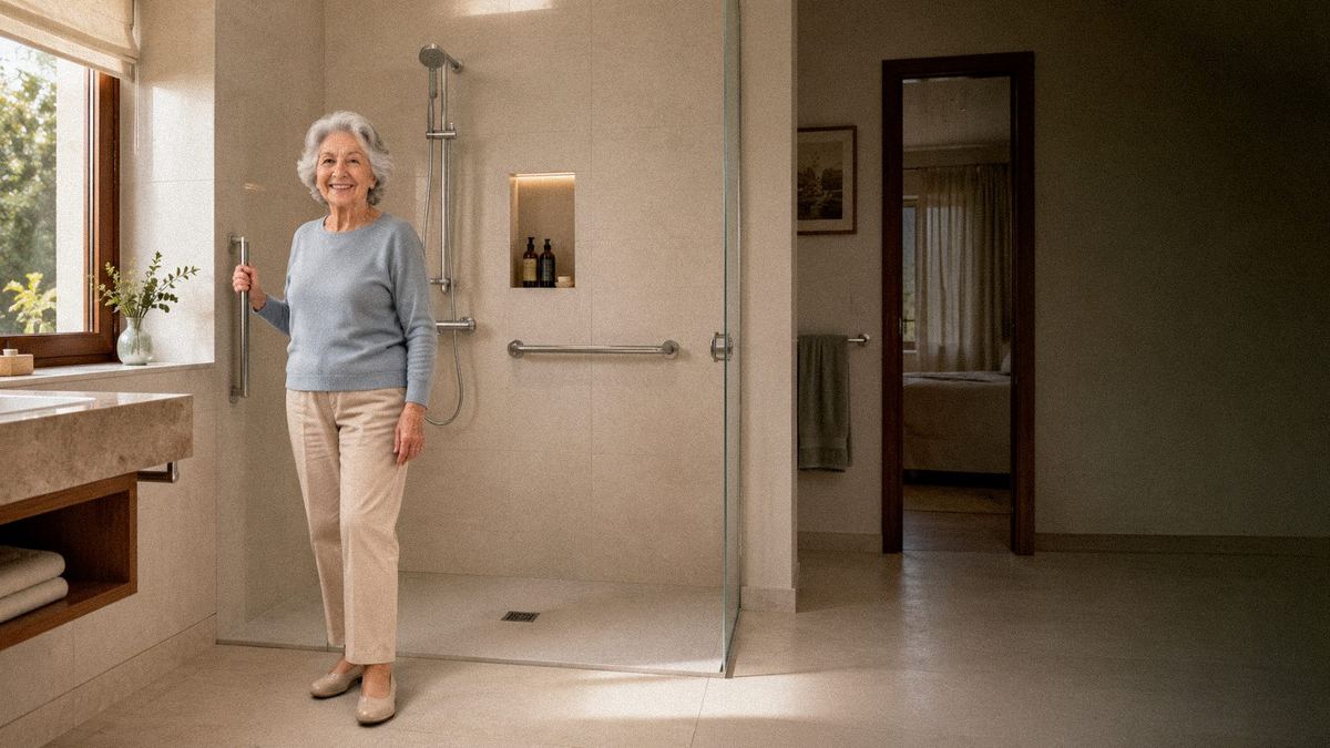 Mujer mayor de pie en un baño adaptado, con ducha a ras de suelo y barras de apoyo