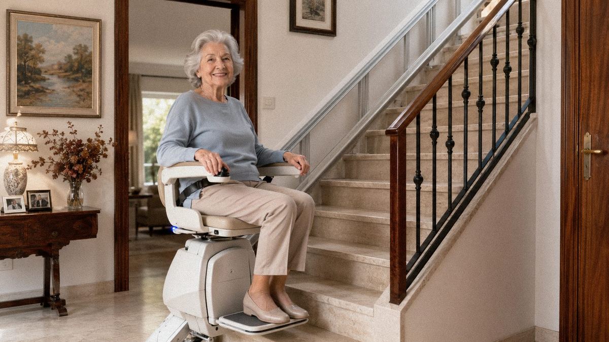 Mujer mayor sentada en una silla salvaescaleras instalada en la escalera de su casa