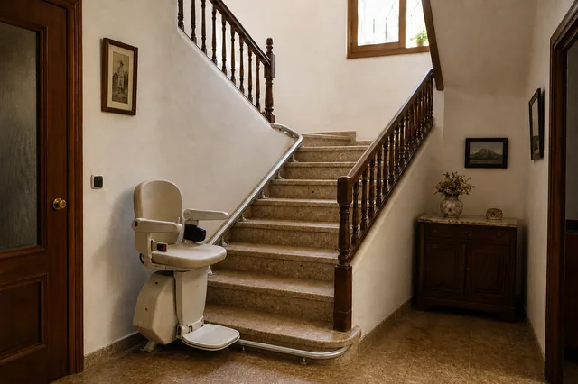 Silla salvaescaleras con un único raíl curvo continuo instalado alrededor de un rellano